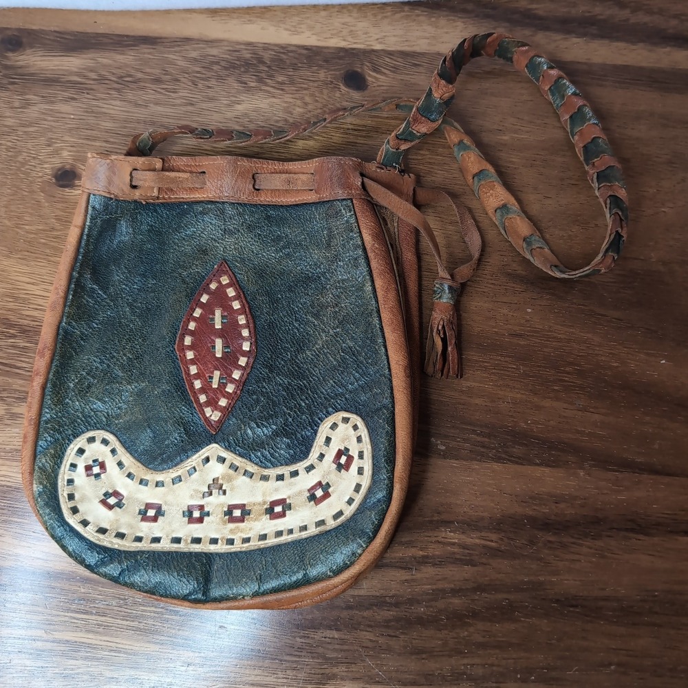 Vintage Handcrafted Morocco Leather Crossbody Bag Braided Strap Boho Tassel Tan